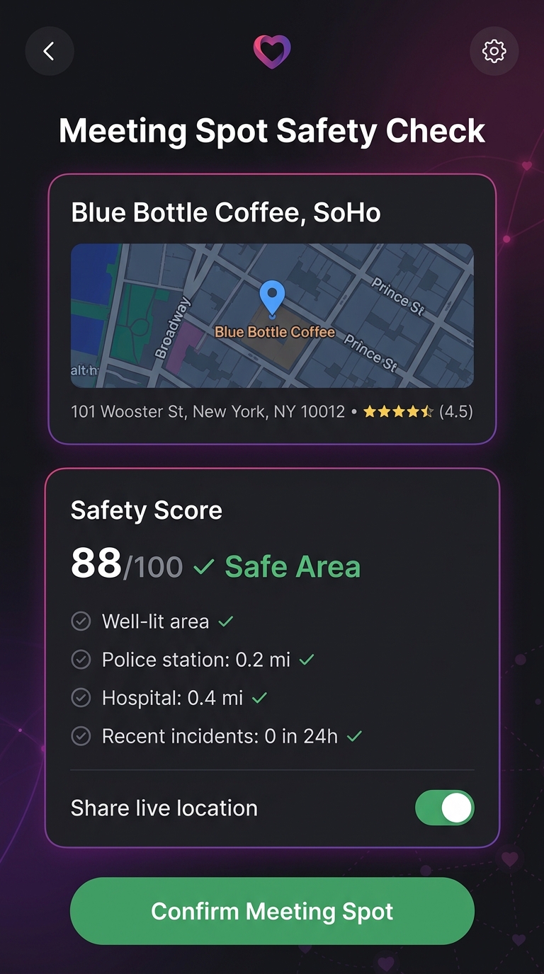 Dating app meeting spot safety check with nearby police and hospital distances
