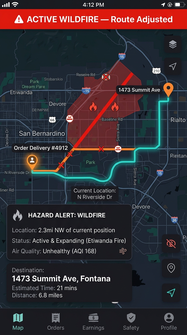 Delivery app rerouting drivers around active wildfire zone