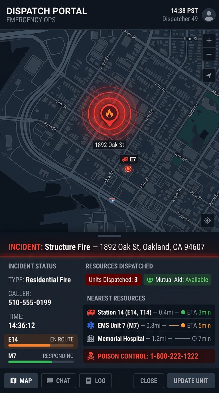 911 dispatch app showing nearest fire station and EMS with ETAs