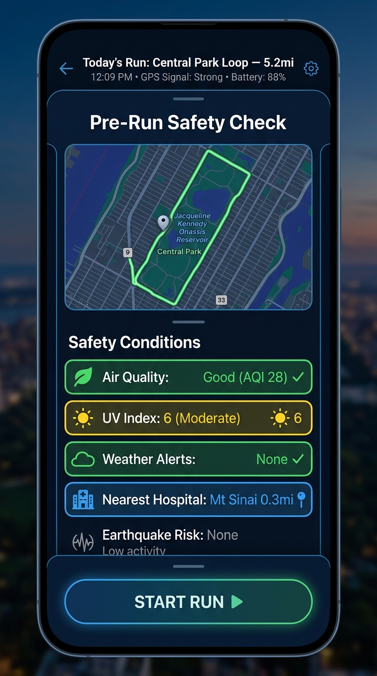 Fitness app pre-run safety check showing air quality and nearest hospital