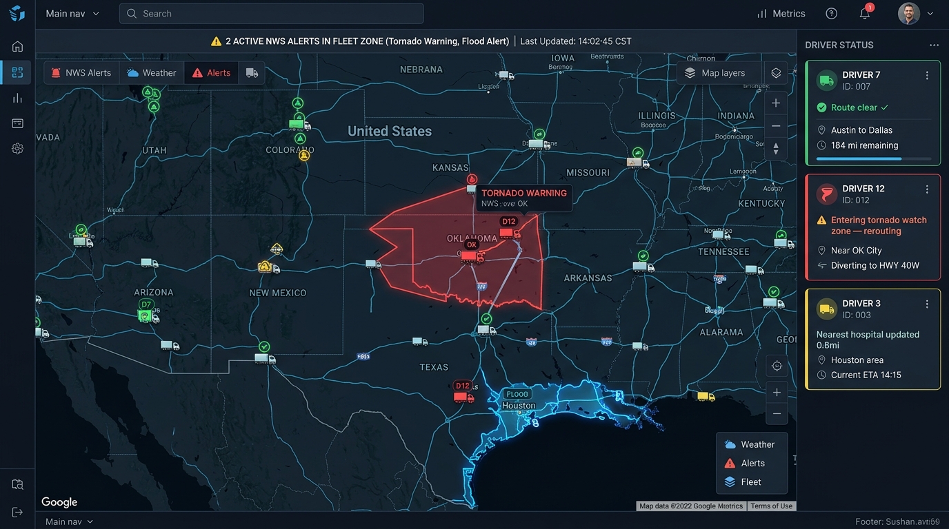 Fleet management dashboard with tornado warning zone and driver rerouting