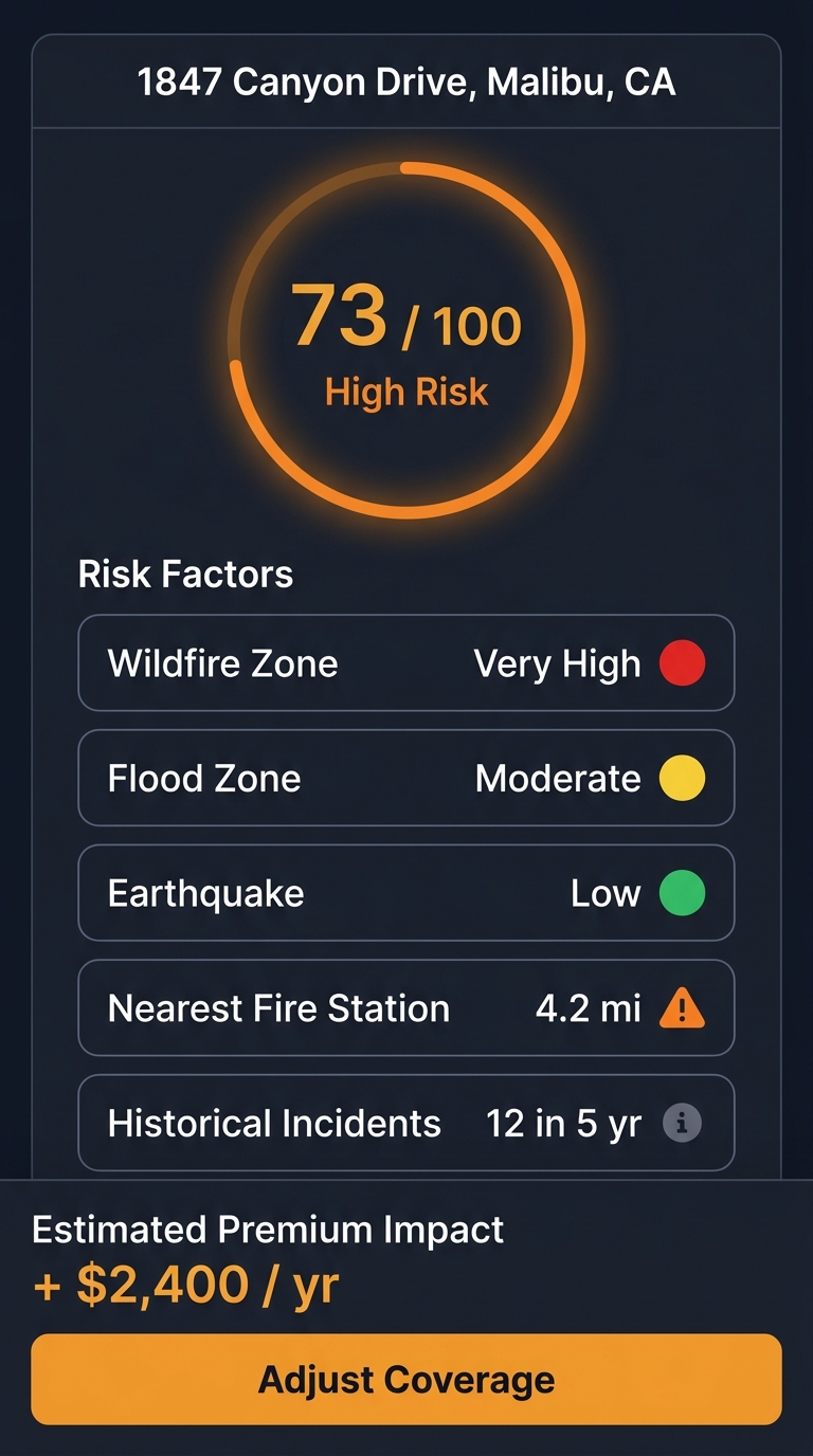 Insurance app property risk assessment with wildfire and flood zone data