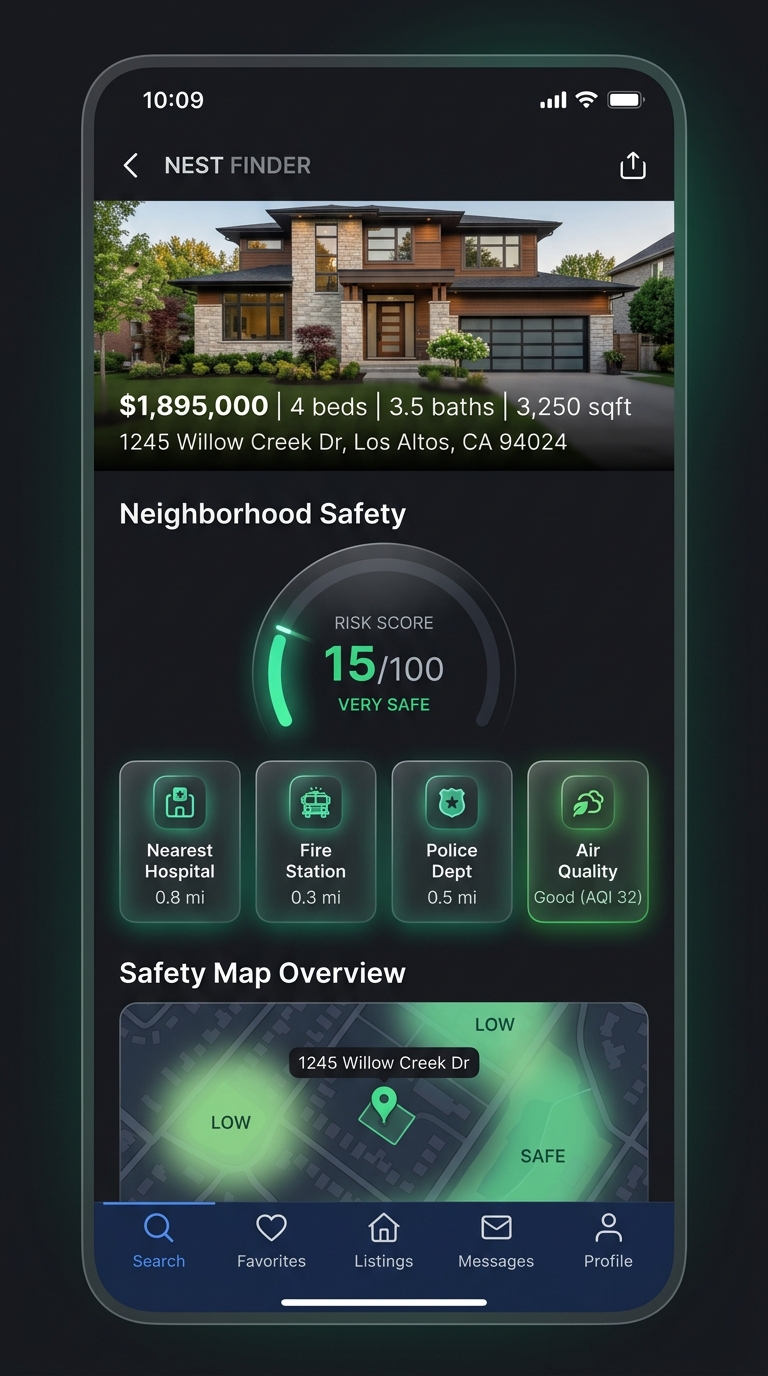 Real estate listing with neighborhood safety score and nearby facilities