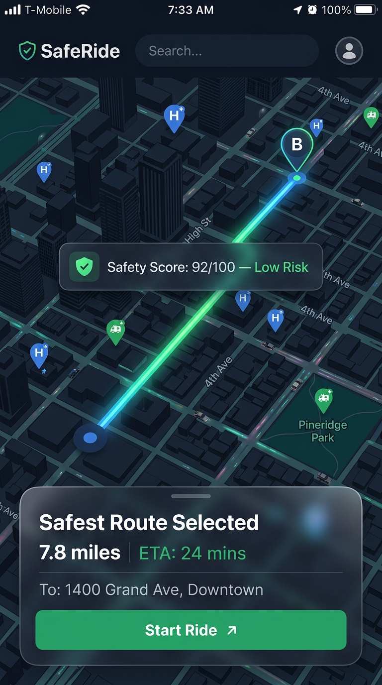 Ride-sharing app with safety score overlay and nearest hospital markers