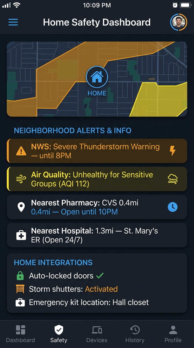 Smart home dashboard showing weather alerts and nearest pharmacy