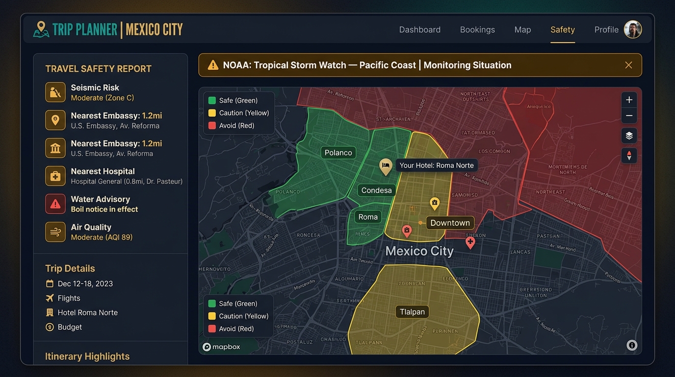 Travel dashboard with safety zone map and seismic risk assessment
